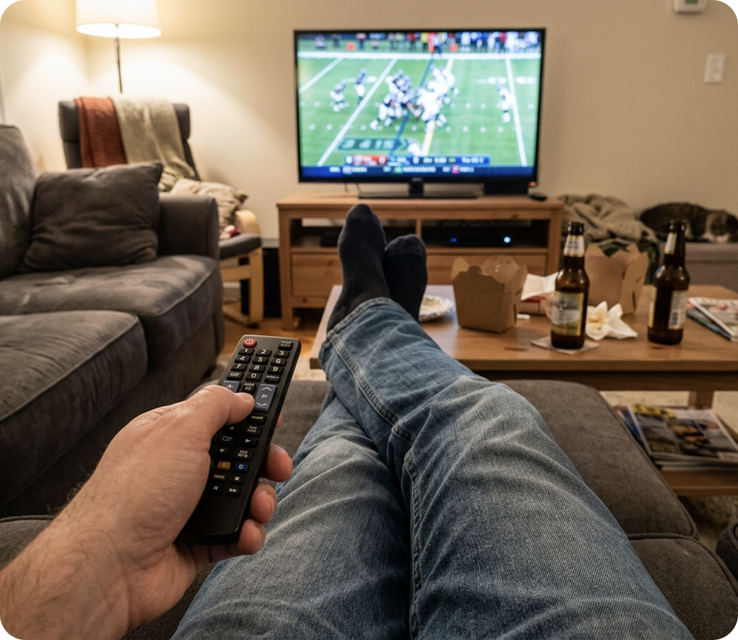 Relaxing on the couch with TV and snacks